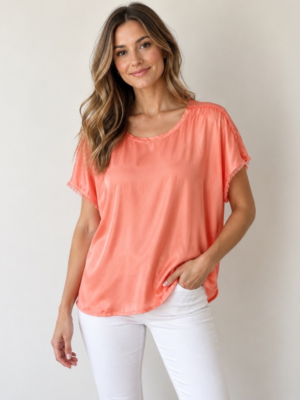 River + Sky Frayed Raw Edge Satin Tee Top Coral Pink MO065